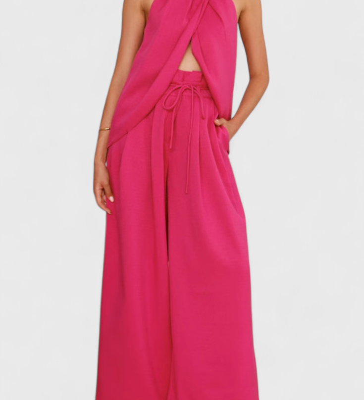 Bernadina Conjunto de Lino con Top de Abertura Frontal y Pantalón de Pierna Ancha