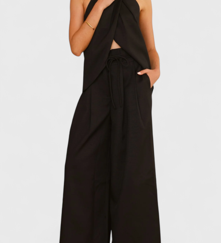 Bernadina Conjunto de Lino con Top de Abertura Frontal y Pantalón de Pierna Ancha