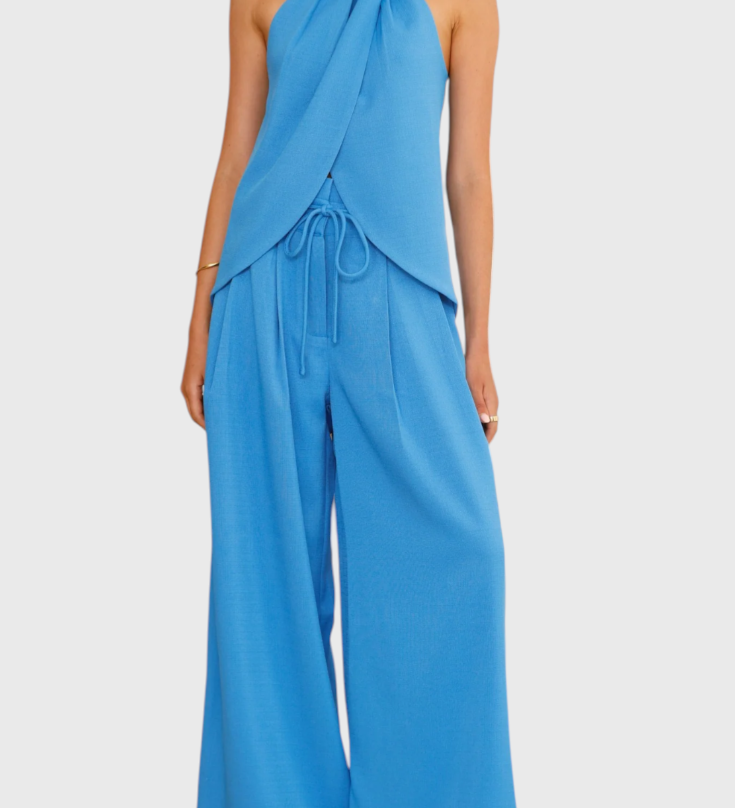 Bernadina Conjunto de Lino con Top de Abertura Frontal y Pantalón de Pierna Ancha