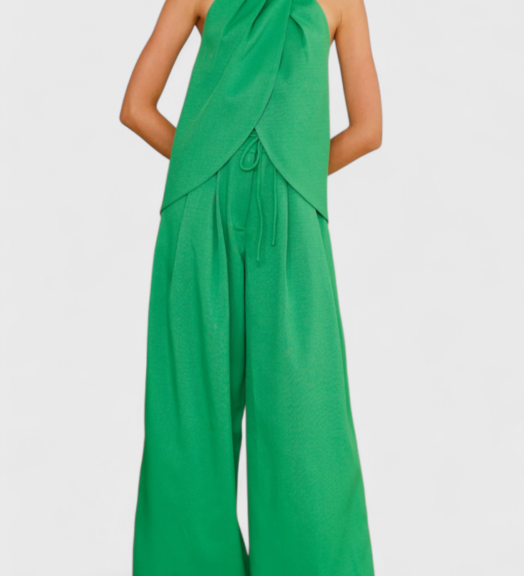 Bernadina Conjunto de Lino con Top de Abertura Frontal y Pantalón de Pierna Ancha