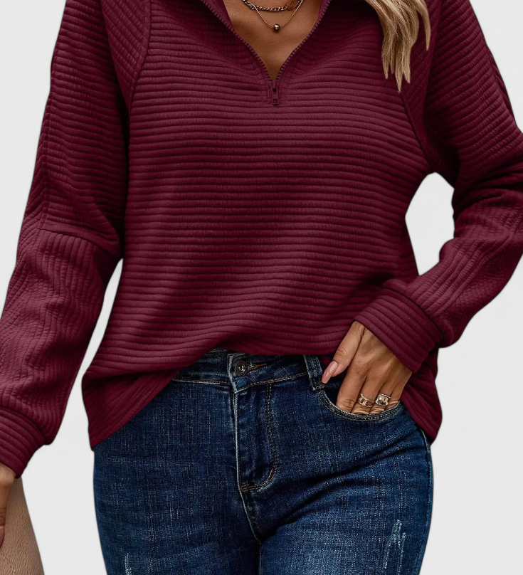 Helene Jersey de Cuello en V con Cremallera y Manga Larga